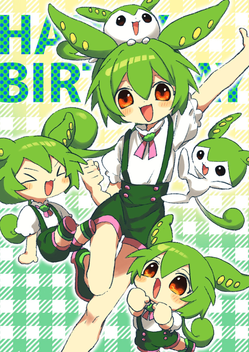 &gt;_&lt; :3 :d arm_up birthday blush boots brooch chibi chibi_inset clenched_hand commentary_request creature creature_and_personification foot_out_of_frame gradient_background green_footwear green_hair hair_between_eyes happy_birthday highres jewelry kokage_uyuri long_hair low_ponytail multiple_views open_mouth orange_eyes pink_ribbon plaid plaid_background ponytail puffy_short_sleeves puffy_sleeves ribbon shirt short_sleeves smile standing standing_on_one_leg very_long_hair voiceroid voicevox white_shirt xd zundamon