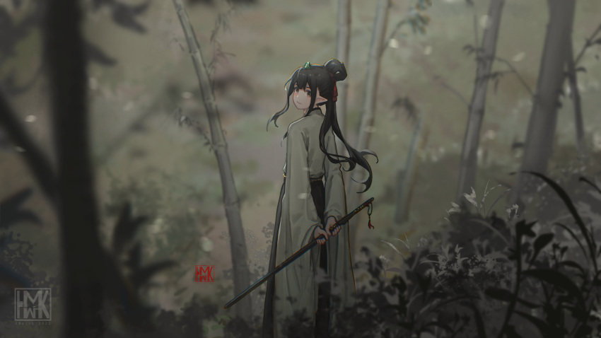 1girl absurdres bamboo bamboo_forest black_hair brown_hair chinese_clothes elf forest green_horns hair_bun hanfu highres holding horns hua_ming_wink long_hair looking_back nature original outdoors plant pointy_ears scenery single_horn solo
