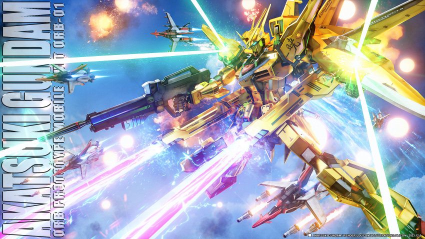 absurdres aircraft airplane akatsuki_gundam arm_shield beam_rifle blue_eyes blue_sky character_name clenched_hand clouds energy_gun exhaust explosion fighter_jet firing flying glowing glowing_eyes gun gundam gundam_seed gundam_seed_destiny highres holding holding_gun holding_weapon jet legs_apart lolicon_(lolicon42051636) mecha military_vehicle missile mobile_suit murasame_(gundam_seed_destiny) no_humans photoshop_(medium) robot science_fiction sky v-fin weapon
