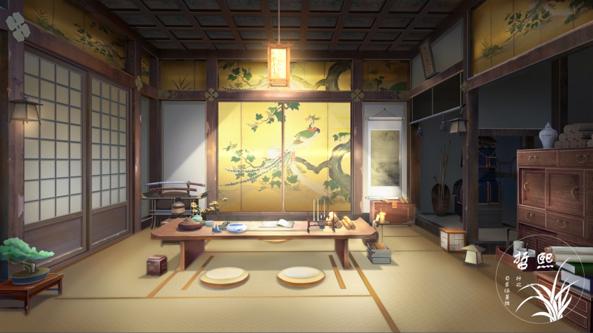 artist_logo bonsai cushion highres indoors japanese_architecture katana lantern no_humans original painting_(object) scenery scroll shelf shouji sliding_doors sword table weapon xingzhi_lv