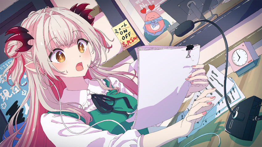 1girl black_bow black_ribbon blunt_bangs bow brown_eyes clock colored_inner_hair desk double_bun dutch_angle earphones earphones green_vest grey_hair hair_bun highres holding holding_paper indie_virtual_youtuber kagawa_yuusaku long_hair microphone multicolored_hair nail_polish open_mouth paper pink_hair pink_nails pointy_ears ribbon shirt solo sticky_note suou_patra surprised sweatdrop upper_body vest virtual_youtuber white_shirt