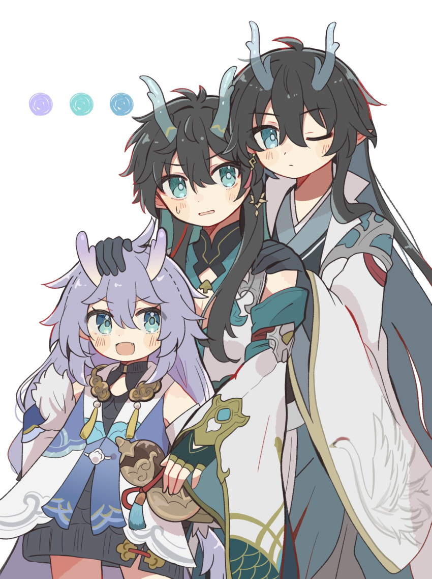 1girl 2boys :d above_cleavage_cutout ahoge animal_print antenna_hair aqua_eyes aqua_hair aqua_horns bailu_(honkai:_star_rail) bird_print black_dress black_gloves black_hair blue_vest blush cleavage_cutout closed_mouth clothing_cutout coat collared_coat collared_dress collared_shirt colored_inner_hair cowboy_shot dan_feng_(honkai:_star_rail) dan_heng_(honkai:_star_rail) dan_heng_(imbibitor_lunae)_(honkai:_star_rail) detached_sleeves dot_nose dress earrings fingerless_gloves flower_earrings gloves green_gloves hand_on_another's_head hand_on_another's_shoulder hands_on_own_hips hara_(nanohara) high_collar highres honkai:_star_rail honkai_(series) horns japanese_clothes jewelry kimono lapels long_hair long_sleeves multicolored_hair multiple_boys necklace one_eye_closed open_mouth parted_lips pectoral_cleavage pectorals pointy_ears pom_pom_(clothes) print_dress print_sleeves print_vest purple_horns shirt short_dress sidelocks simple_background single_earring sleeveless sleeveless_dress smile sweat tassel tassel_earrings translucent_horns very_long_hair vest white_background white_coat white_shirt wide_sleeves worried