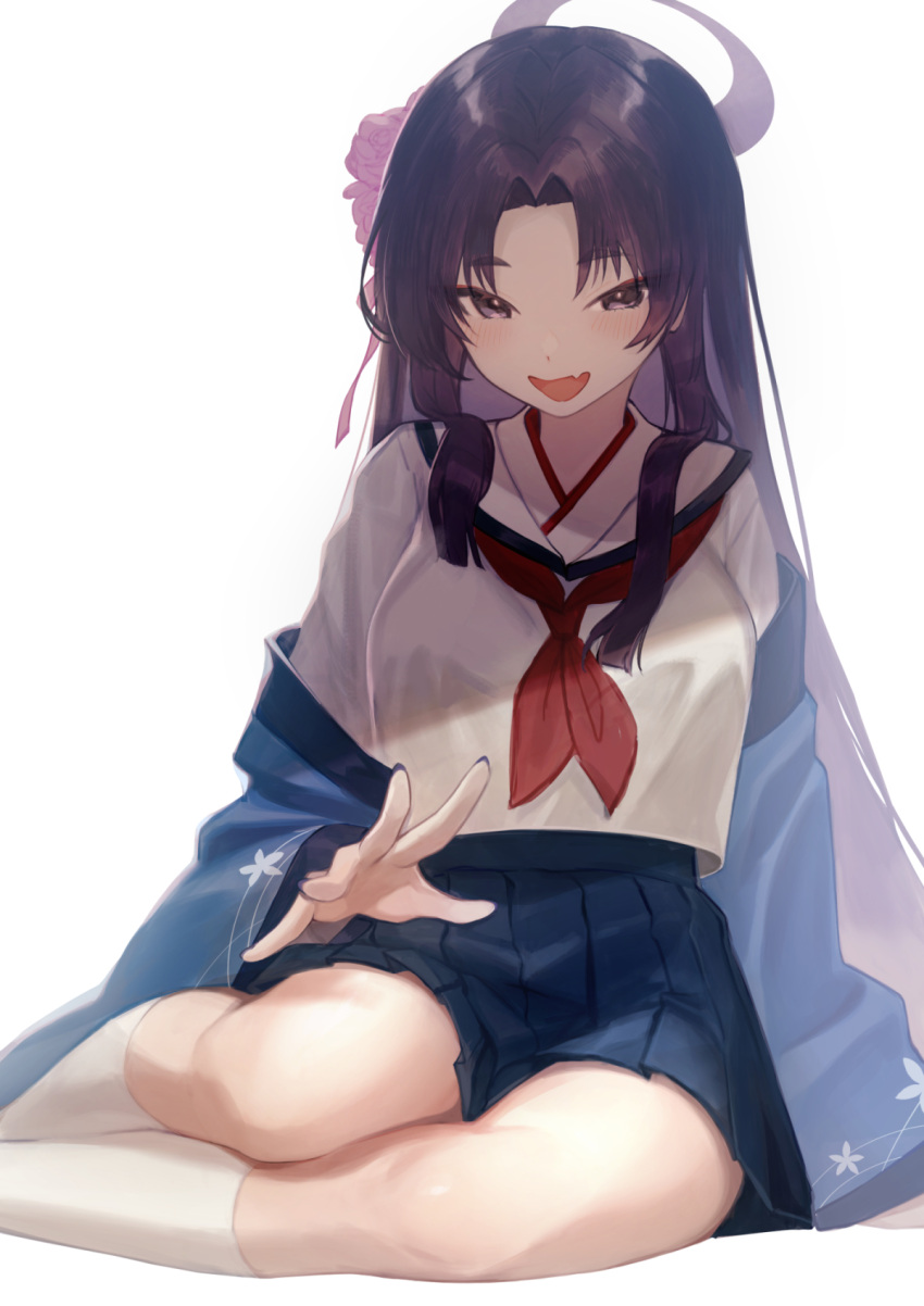 1girl blue_archive blue_nails blue_skirt blush breasts commentary fang feet_out_of_frame flower hair_flower hair_ornament halo haori highres japanese_clothes kneehighs long_hair looking_at_viewer medium_breasts miniskirt nail_polish neckerchief off_shoulder open_mouth parted_bangs pleated_skirt purple_hair purple_halo red_neckerchief sailor_collar sarukichi school_uniform serafuku shade sidelocks simple_background sitting skin_fang skirt smile socks solo violet_eyes white_background white_socks yokozuwari yukari_(blue_archive)
