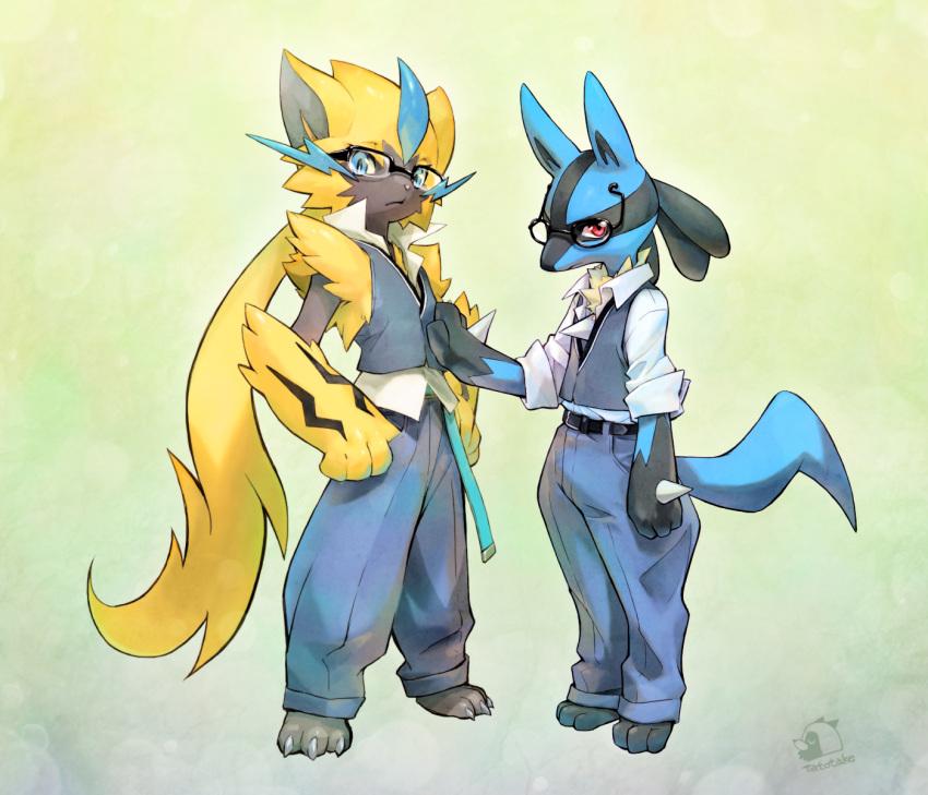 2boys animal_ears artist_logo artist_name barefoot belt blue_eyes cat_boy cat_ears claws furry furry_male glasses grey_pants hand_on_another's_stomach hands_on_own_hips highres jackal_boy jackal_ears jackal_tail looking_at_viewer lucario male_focus multiple_boys ogasawara_tomy pants pokemon pokemon_(creature) red_eyes shirt sleeveless sleeveless_shirt sleeveless_sweater spikes sweater sweater_vest white_shirt zeraora