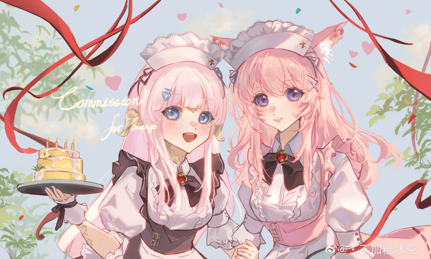 2girls :d absurdres animal_ears au_ra black_bow black_bowtie black_dress blue_eyes blue_sky blush bow bowtie cake candle cat_ears cat_girl center_frills closed_mouth clouds collared_shirt commission confetti dragon_girl dragon_horns dress final_fantasy final_fantasy_xiv food frills hair_ornament hair_ribbon hairclip heart highres holding holding_another's_arm holding_tray horns leaf long_hair looking_at_viewer maid maid_headdress miqo'te multiple_girls pink_dress pink_hair puffy_short_sleeves puffy_sleeves red_ribbon ribbon shirt short_sleeves sky smile teeth tray upper_body upper_teeth_only violet_eyes weibo_logo weibo_username white_shirt x_hair_ornament xiao_xiong_keke_aoi