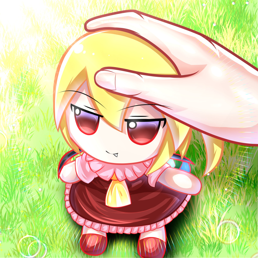 1girl absurdres blonde_hair closed_mouth commentary fang flandre_scarlet full_body fumo_(doll) grass headpat highres looking_at_viewer outdoors pov pov_hands red_eyes short_sleeves smile solo_focus star_shin touhou