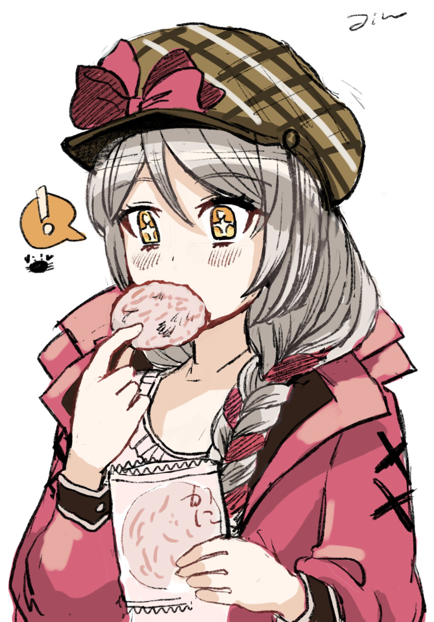 1girl braid eating fire_emblem fire_emblem_engage food framme_(fire_emblem) grey_hair hat hat_ribbon highres holding holding_food jin_noumi long_hair long_sleeves ribbon sketch solo sparkle sparkling_eyes white_background yellow_eyes