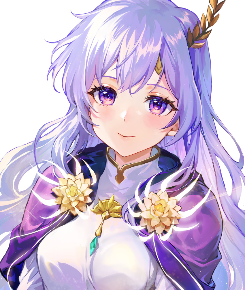 1girl absurdres breasts commentary_request deirdre_(fated_saint)_(fire_emblem) deirdre_(fire_emblem) dress eyelashes fire_emblem fire_emblem:_genealogy_of_the_holy_war fire_emblem_heroes flower highres jurge long_hair lotus purple_hair simple_background smile solo upper_body violet_eyes white_background white_dress yellow_flower