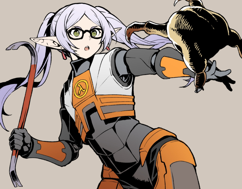 1girl armor commentary_request cowboy_shot crossover crowbar earrings elf frieren glasses gordon_freeman green_eyes grey_background grey_hair hagure_keg half-life_(series) half-life_2 holding_crowbar jewelry open_mouth pointy_ears simple_background solo sousou_no_frieren teeth tongue twintails
