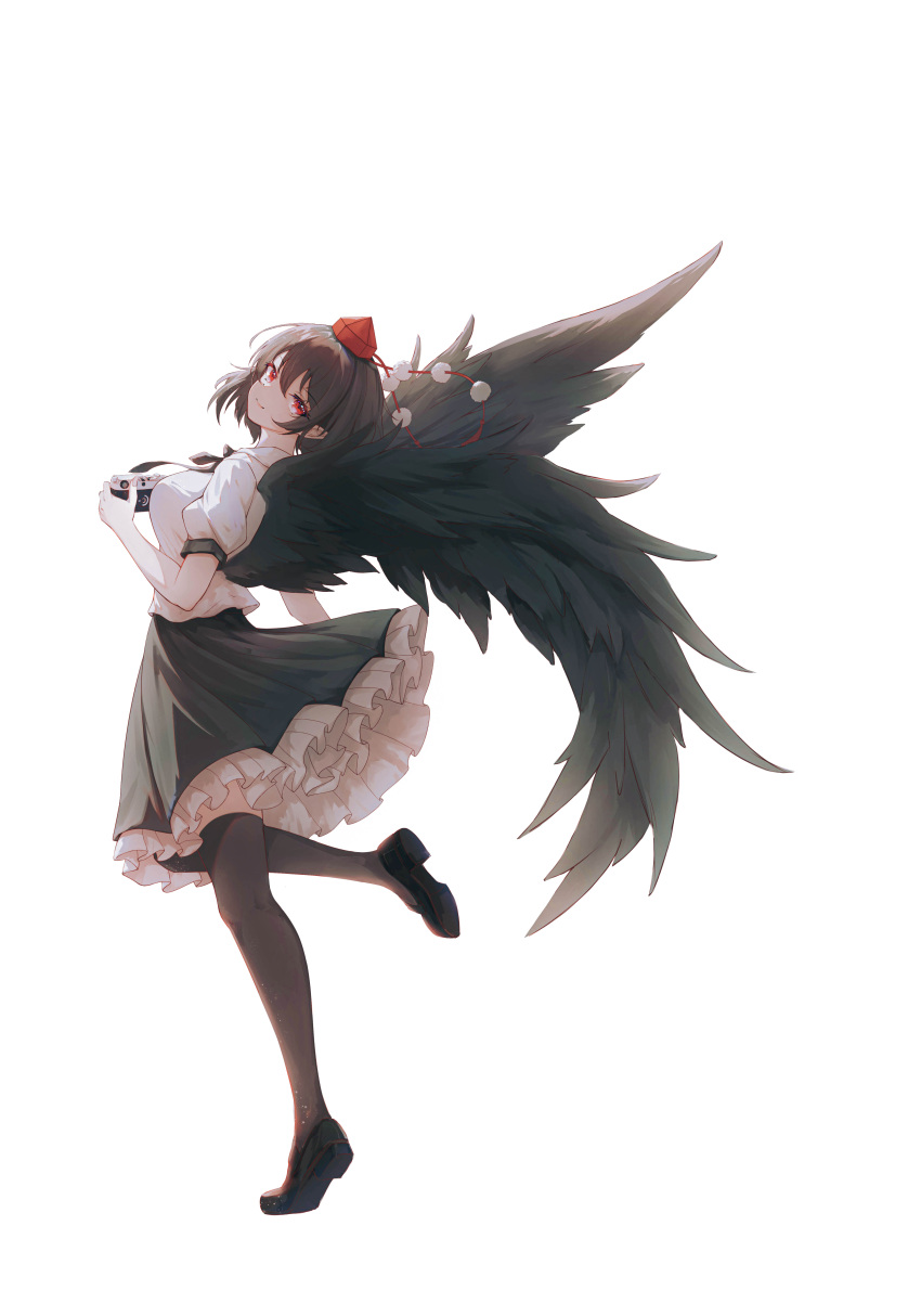 1girl 470418409 absurdres bird_wings black_footwear black_hair black_headwear black_ribbon black_skirt black_thighhighs black_wings breasts camera closed_mouth collared_shirt commentary_request feathered_wings full_body happy hat highres holding holding_camera loafers medium_breasts neck_ribbon pointy_ears pom_pom_(clothes) puffy_short_sleeves puffy_sleeves red_eyes red_headwear ribbon shameimaru_aya shirt shoes short_hair short_sleeves simple_background skirt smile solo standing standing_on_one_leg thigh-highs tiptoes tokin_hat touhou white_background white_shirt wings zettai_ryouiki