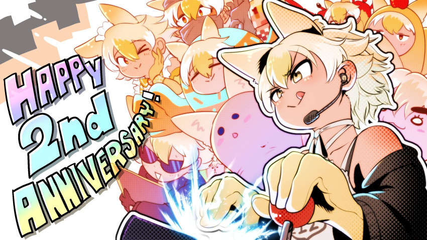 1girl alternate_costume animal_ears anniversary black_jacket blonde_hair camisole controller coyopotato coyote_(kemono_friends) extra_ears game_controller gloves highres jacket kemono_friends kemono_friends_v_project mcgunngu microphone playing_games short_hair smile tongue upper_body virtual_youtuber wolf_ears wolf_girl yellow_eyes yellow_gloves