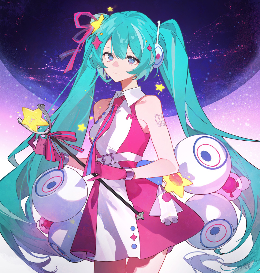 1girl absurdres aqua_hair bare_legs belt blue_eyes commentary dress english_commentary gloves gradient_background hatsune_miku headphones highres holding holding_wand long_hair looking_at_viewer magical_mirai_miku magical_mirai_miku_(2022) microphone_wand number_tattoo pink_background pink_dress pink_gloves planet rocket shoulder_tattoo sleeveless sleeveless_dress smile solo speaker sumery tattoo two-tone_dress vocaloid wand white_background white_belt white_dress