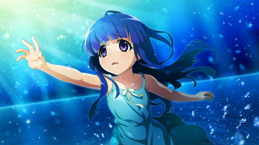 1girl bare_arms blue_background blue_hair blunt_bangs bow collarbone dress duplicate furude_rika green_dress highres higurashi_no_naku_koro_ni higurashi_no_naku_koro_ni_mei hime_cut long_hair official_art open_mouth outstretched_arm outstretched_hand raised_eyebrows ribbon running sad scene_reference sidelocks solo violet_eyes yellow_ribbon