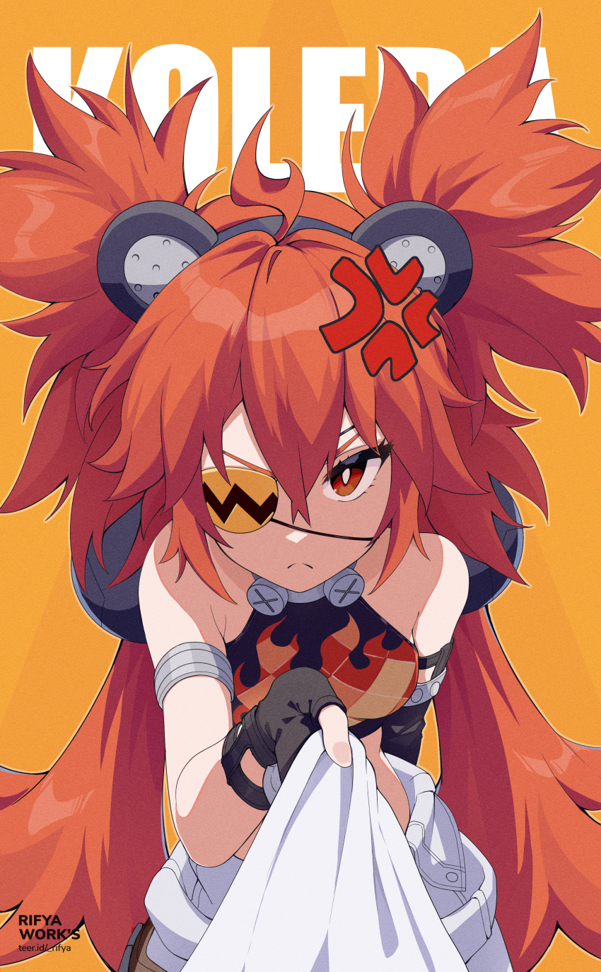 1girl absurdres ahoge anger_vein animal_ears armlet armpit_crease bare_shoulders bear_ears black_gloves breasts character_name eyepatch fake_animal_ears fingerless_gloves frown gloves highres koleda_belobog looking_at_viewer low_twintails midriff orange_eyes orange_hair pov rifyaa shirt_grab small_breasts sports_bra twintails zenless_zone_zero