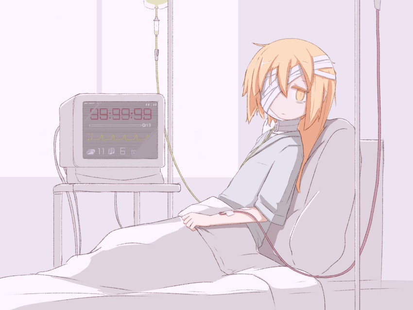 1girl bandage_over_one_eye bandaged_head bandaged_neck bandages bed bed_sheet blonde_hair cardiogram commentary_request hair_between_eyes highres hospital hospital_bed hospital_gown indoors intravenous_drip iv_stand kantai_collection long_hair looking_at_viewer monitor pale_skin player193 reclining satsuki_(kancolle) sheet_grab solo window yellow_eyes