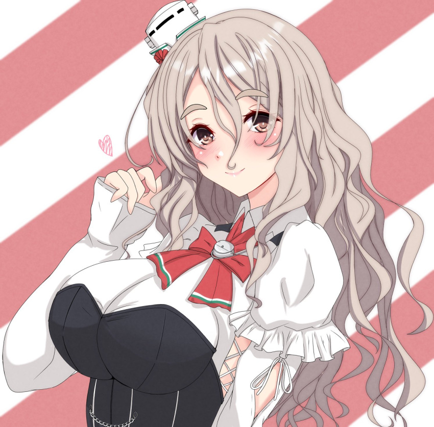 1girl bodice bow bowtie breasts brown_eyes grey_hair hair_between_eyes hat highres kantai_collection large_breasts long_hair long_sleeves looking_at_viewer mini_hat nitamako_(sakamalh) pola_(kancolle) red_bow red_bowtie shirt smile solo striped striped_background thick_eyebrows tilted_headwear upper_body wavy_hair white_shirt