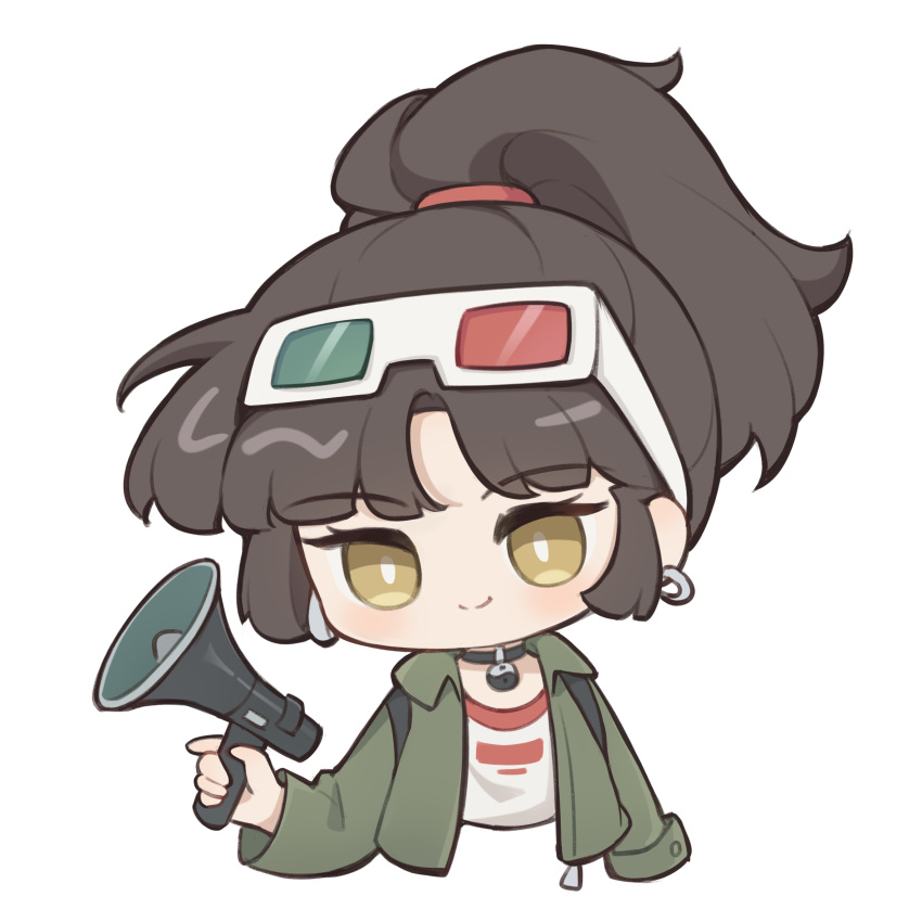 1girl 3d_glasses ai_chi_guobaoyou an-an_lee black_choker black_hair chibi choker closed_mouth cropped_torso earrings eyewear_on_head green_jacket hand_up highres holding holding_megaphone jacket jewelry megaphone ponytail reverse:1999 shirt short_hair smile solo upper_body white_background white_shirt yellow_eyes yin_yang