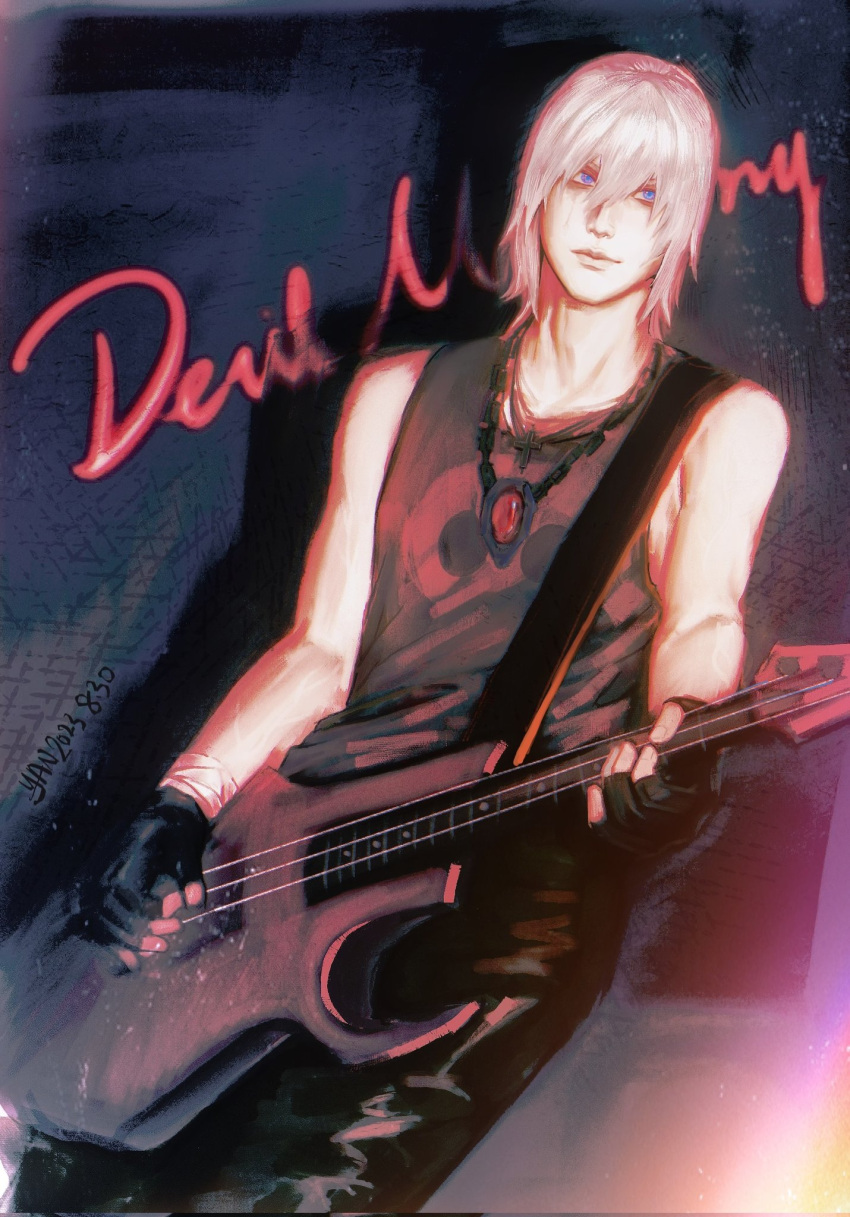 1boy blue_eyes dante_(devil_may_cry) devil_may_cry_(series) devil_may_cry_3 electric_guitar fingerless_gloves gloves guitar highres holding holding_guitar holding_instrument horademimirrr instrument male_focus smile solo white_hair
