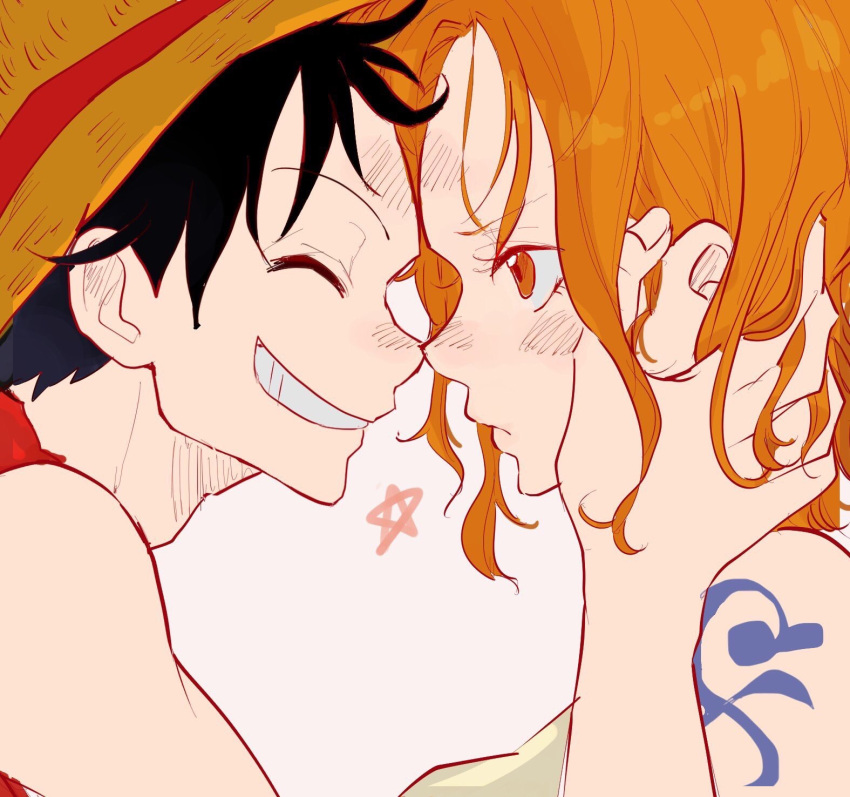 1boy 1girl aji_of_aji55 arm_tattoo black_hair blush clenched_teeth closed_eyes commentary_request couple hand_on_another's_face hat hetero highres monkey_d._luffy nami_(one_piece) noses_touching one_piece orange_eyes orange_hair short_hair smile straw_hat tattoo teeth upper_body