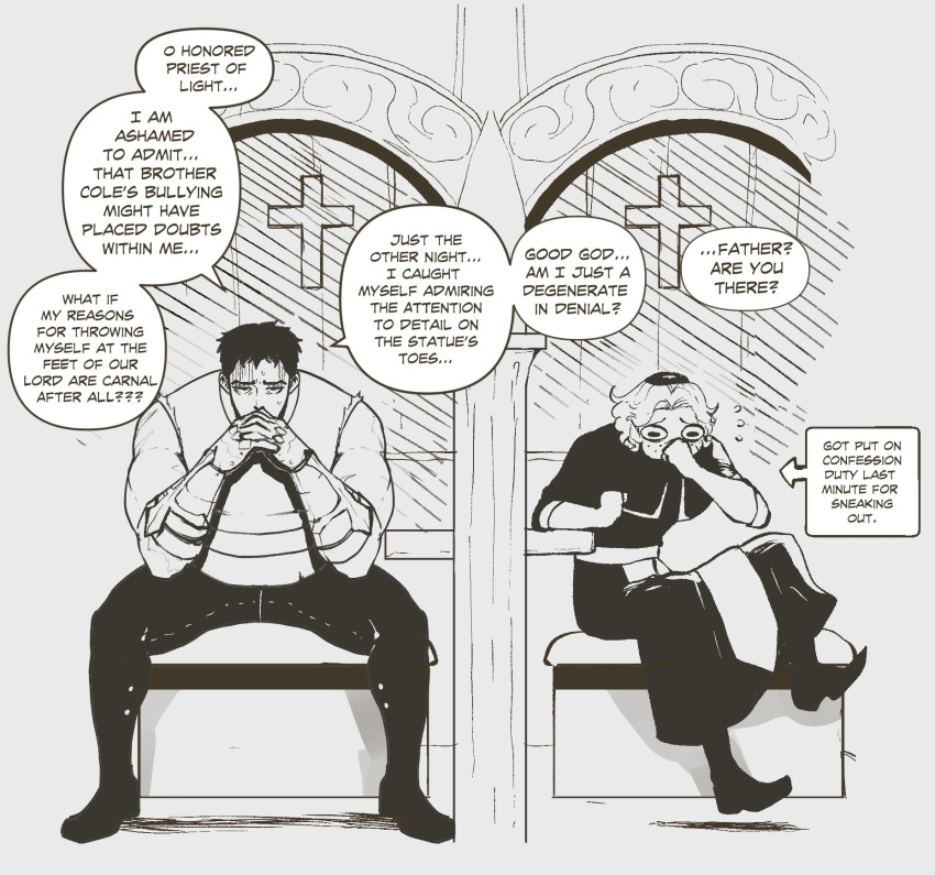 ... 2boys ? ?? armor confessional cross english_commentary english_text flying_sweatdrops greyscale highres monochrome multiple_boys muscular muscular_male nyantcha original priest sitting speech_bubble
