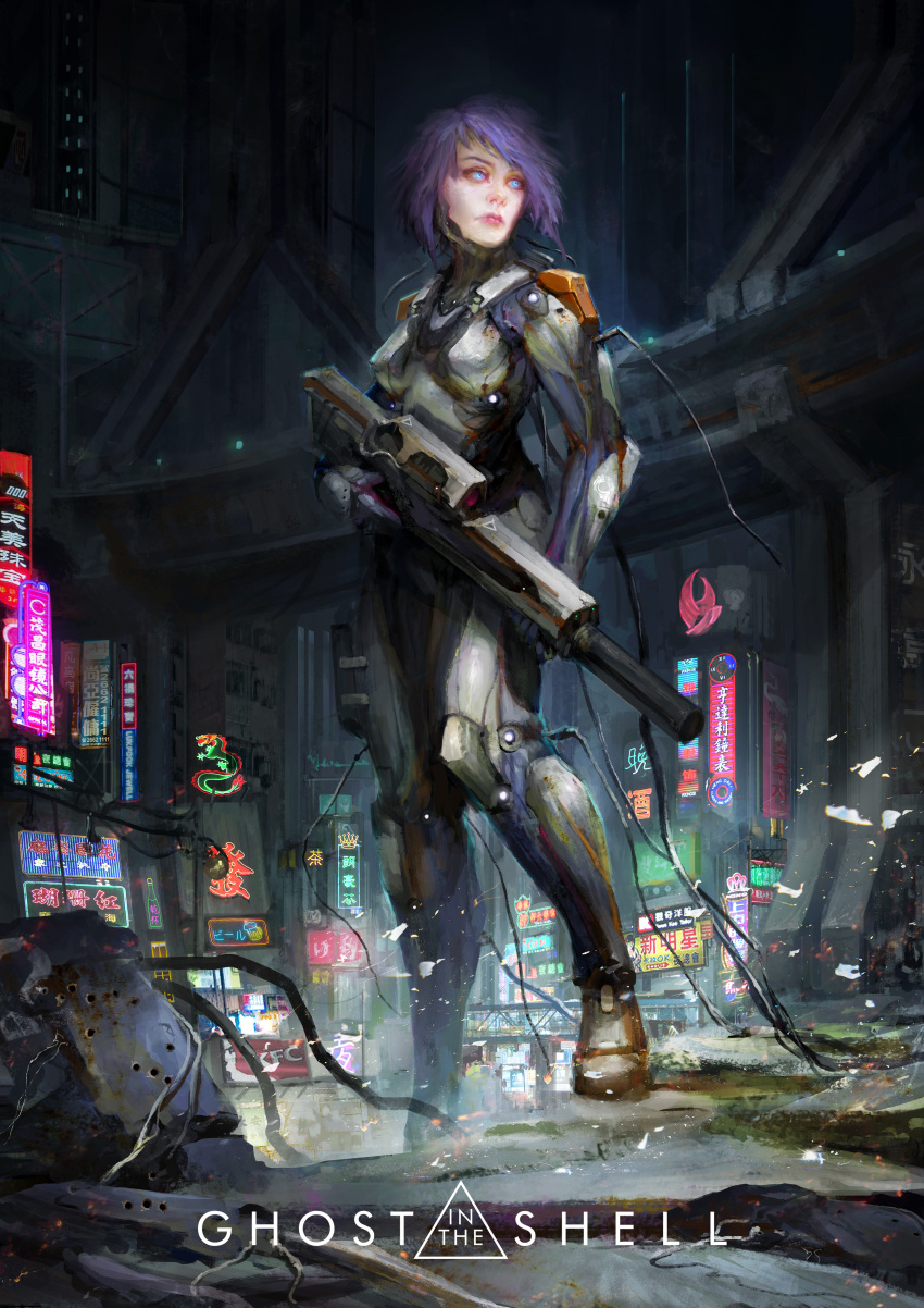 1girl absurdres assault_rifle blue_eyes bodysuit boots breasts building bullet_hole concept_art cyborg damaged debris dirty english_commentary english_text ghost_in_the_shell gloves gun highres holding holding_gun holding_weapon kusanagi_motoko logo machinery mechanical_parts medium_breasts neon_lights night original police police_uniform purple_hair realistic redesign rifle ruins science_fiction scope suppressor thedurianart title uniform weapon