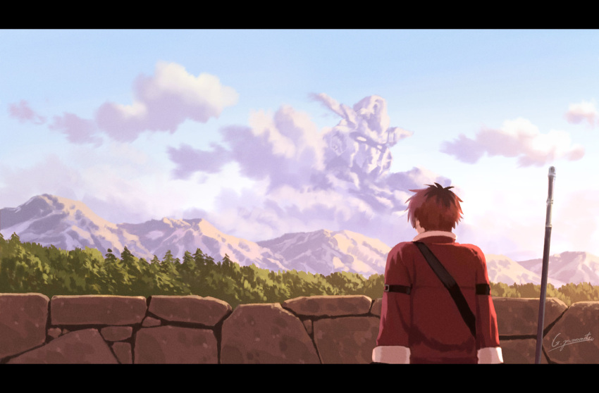 1boy black_hair blue_sky clouds commentary_request core_gundam day facing_away from_behind g.yamamoto gundam gundam_build_divers gundam_build_divers_re:rise highres jacket letterboxed long_sleeves male_focus mountainous_horizon multicolored_hair outdoors red_jacket redhead short_hair signature sitting sky solo sousou_no_frieren stark_(sousou_no_frieren) tree two-tone_hair v-fin