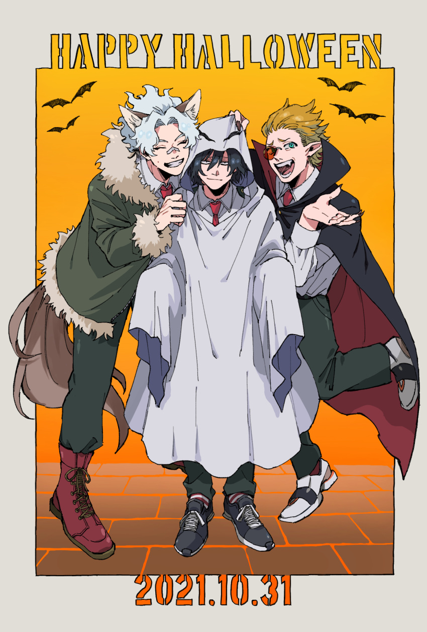 3boys animal_ears bags_under_eyes bandaid bandaid_on_face bandaid_on_nose bat_(animal) black_cape black_footwear black_hair boku_no_hero_academia border cape closed_mouth coat collared_shirt dated eraser_head_(boku_no_hero_academia) fang fingernails fur-trimmed_coat fur_trim ghost_costume ghost_pose green_coat green_eyes green_pants grey_border grin hair_between_eyes hand_on_another's_head happy_halloween high_collar highres long_sleeves looking_at_viewer loud_cloud male_focus mole monocle multiple_boys necktie open_mouth pants pointy_ears present_mic red_footwear red_necktie red_socks rnuyvm school_uniform sharp_fingernails shirt shoes short_hair smile sneakers socks striped striped_socks tail teeth u.a._school_uniform vampire_costume werewolf_costume white_footwear white_hair wolf_ears wolf_tail