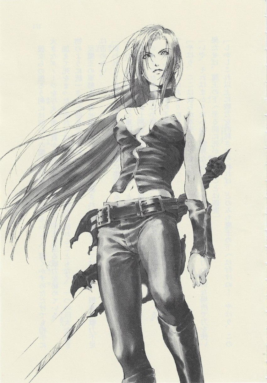 1girl absurdres alastor_(sword) bare_shoulders belt black_bustier black_choker black_footwear black_pants boots breasts bustier choker collar devil_may_cry_(series) devil_may_cry_2_(novel) eyes_visible_through_hair highres kosumi_yuuchi long_hair looking_at_viewer medium_breasts monochrome navel non-web_source official_art pants scan solo sword trish_(devil_may_cry) weapon