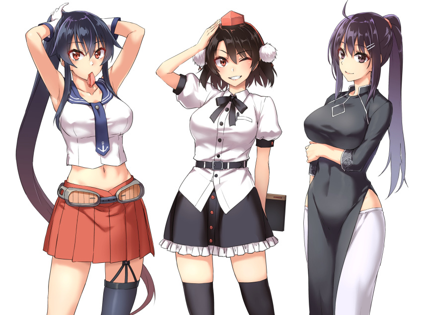 3girls abo_(hechouchou) absurdres adjusting_hair arms_up black_dress black_hair black_skirt black_thighhighs breasts china_dress chinese_clothes closed_mouth commission crossover dress frilled_skirt frills gloves grin hair_between_eyes hair_ornament hair_tie_in_mouth hairclip hat highres holding kantai_collection large_breasts long_hair looking_at_viewer medium_breasts mouth_hold multiple_girls navel one_eye_closed original pom_pom_(clothes) ponytail purple_hair red_eyes red_skirt sailor_collar shameimaru_aya shirt short_hair short_sleeves simple_background single_thighhigh skeb_commission skirt sleeveless smile thigh-highs tokin_hat touhou very_long_hair white_background white_gloves yahagi_(kancolle)