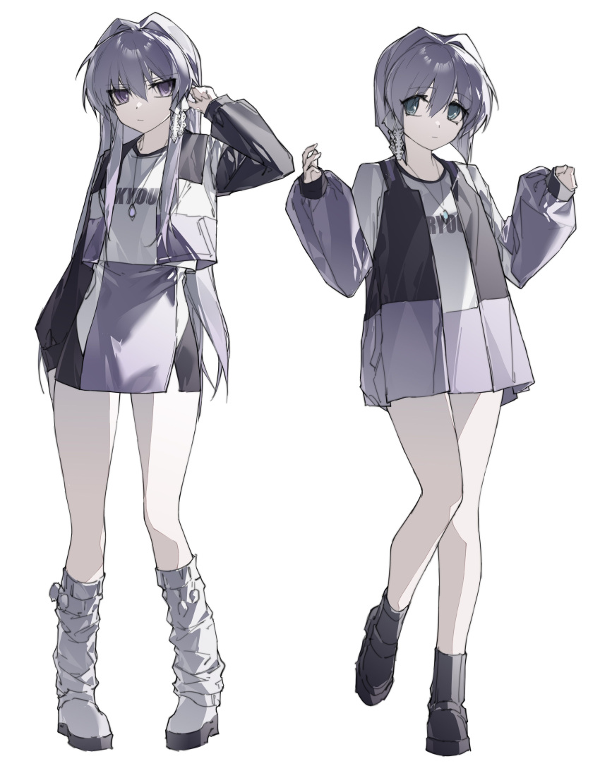 2girls absurdres black_footwear black_jacket bob_cut boots clannad closed_mouth expressionless flat_chest fujibayashi_kyou fujibayashi_ryou full_body green_eyes hair_intakes hand_in_own_hair hands_up highres jacket jewelry long_hair long_sleeves looking_at_viewer multicolored_clothes multicolored_jacket multiple_girls muted_color necklace pink_skirt puffy_long_sleeves puffy_sleeves purple_hair purple_jacket shirt short_hair siblings sidelocks simple_background sisters skirt standing t-shirt twins very_long_hair violet_eyes white_background white_footwear white_jacket white_shirt yexinhan