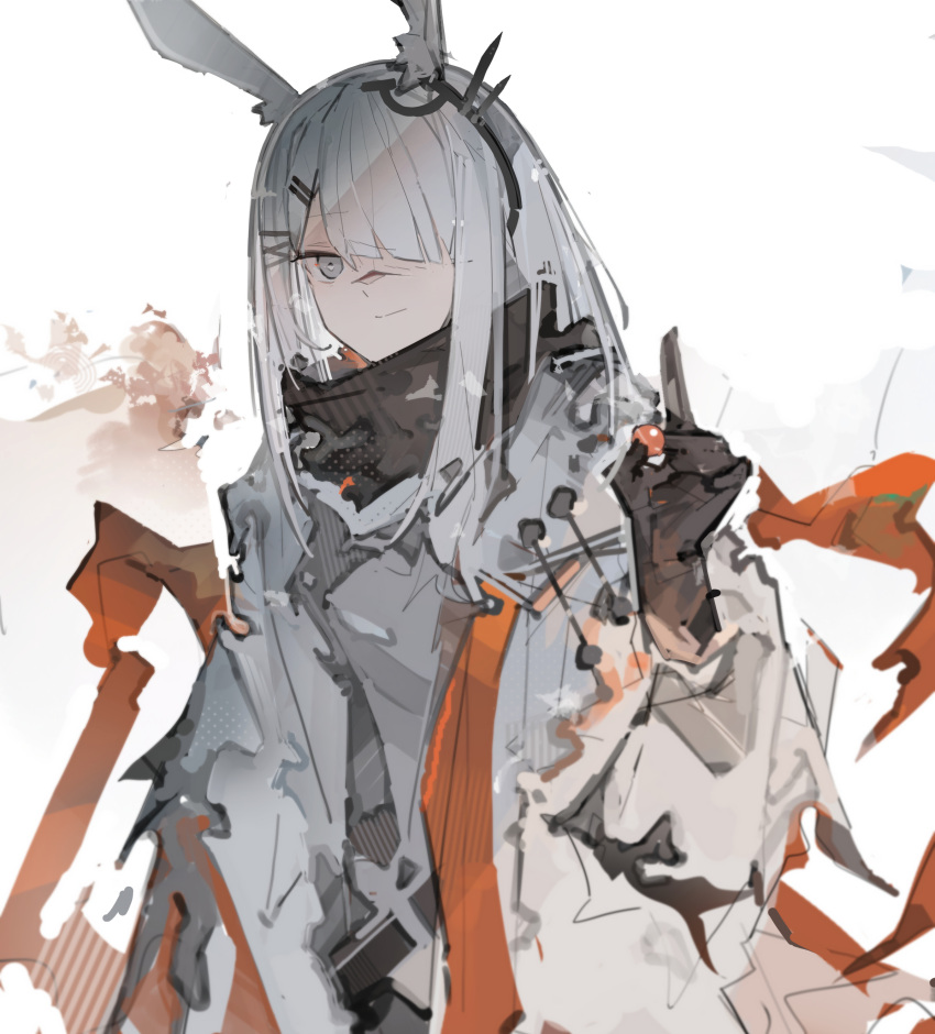 1girl absurdres animal_ear_fluff animal_ears arknights black_gloves black_scarf candy cloak closed_mouth dress food frostnova_(arknights) gloves grey_dress grey_eyes hair_ornament hair_over_one_eye hairclip highres holding holding_candy holding_food jumbowhopper long_hair long_sleeves orange_armband rabbit_ears rabbit_girl scar scar_on_face scar_on_nose scarf smile solo upper_body white_background white_cloak white_hair