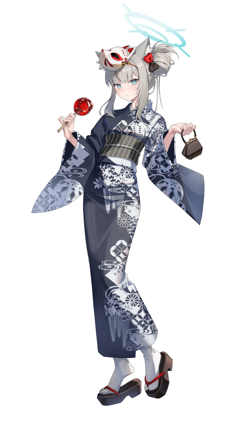 1girl absurdres alternate_costume alternate_hairstyle animal_ear_fluff animal_ears bag blue_archive blue_eyes blue_halo blue_kimono brown_footwear candy_apple closed_mouth commentary_request food fox_mask full_body grey_hair halo highres holding holding_bag holding_food japanese_clothes kimono long_sleeves looking_at_viewer mask mask_on_head obi print_kimono raku_no_atelier sash shiroko_(blue_archive) sidelocks simple_background solo standing summer_festival tabi white_background wide_sleeves wolf_ears yukata