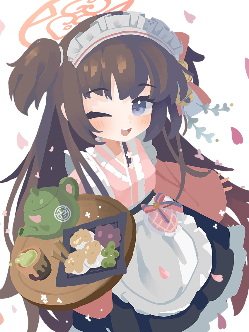 1girl blue_archive blush brown_hair food green_tea halo highres holding holding_tray japanese_clothes kimono long_sleeves looking_at_viewer maid maid_headdress one_eye_closed open_mouth pink_halo pink_kimono shirota_(petapeta84) shizuko_(blue_archive) solo tea tray violet_eyes wa_maid wide_sleeves