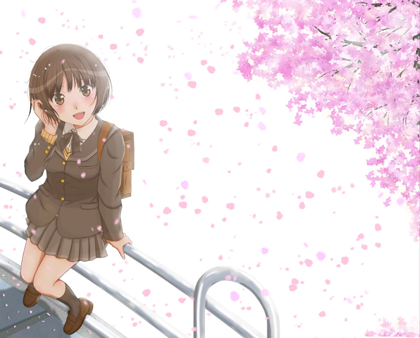 1girl :d adjusting_hair amagami arm_at_side backpack bag black_bow black_bowtie black_jacket black_sailor_collar black_skirt black_socks blush bob_cut bow bowtie branch breasts briefcase brown_bag brown_eyes brown_footwear brown_hair cherry_blossoms collared_shirt commentary dress_shirt falling_petals flower from_above from_side h.i.t_(59-18-45) hand_on_railing hand_up highres jacket kibito_high_school_uniform loafers looking_at_viewer looking_to_the_side looking_up loose_hair_strand messy_hair on_railing open_mouth petals pink_flower playing_with_own_hair pleated_skirt railing sailor_collar school_briefcase school_uniform shirt shoes short_hair sidewalk skirt small_breasts smile socks solo sweater tachibana_miya teeth tree upper_teeth_only white_background white_shirt yellow_sweater
