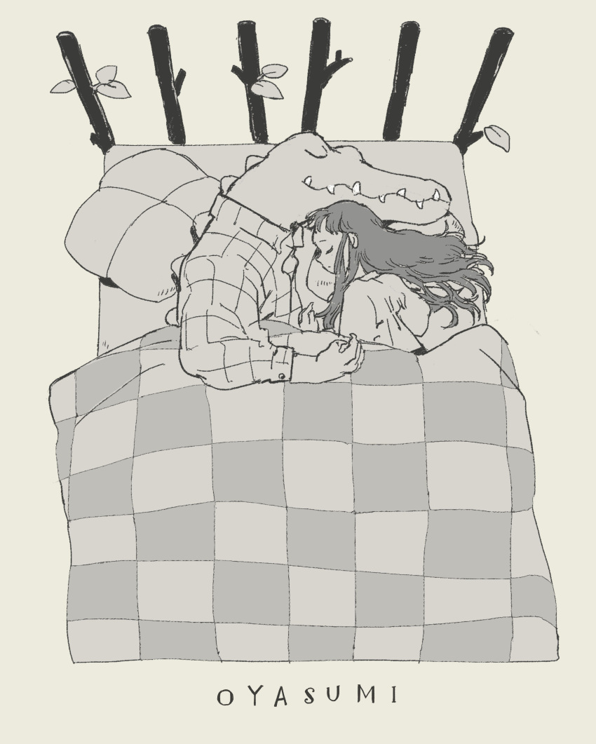 1boy 1girl absurdres animal bed_sheet bedding closed_eyes closed_mouth clothed_animal conical_teeth croco_zigmond crocodile crocodilian cuddling duvet english_text from_above green_background highres leaf long_hair lying mattress monochrome on_side original pajamas philia_ell pillow shared_blanket sharp_teeth short_bangs simple_background smile striped striped_pajamas teeth tono_(rt0no) tree under_covers upper_body