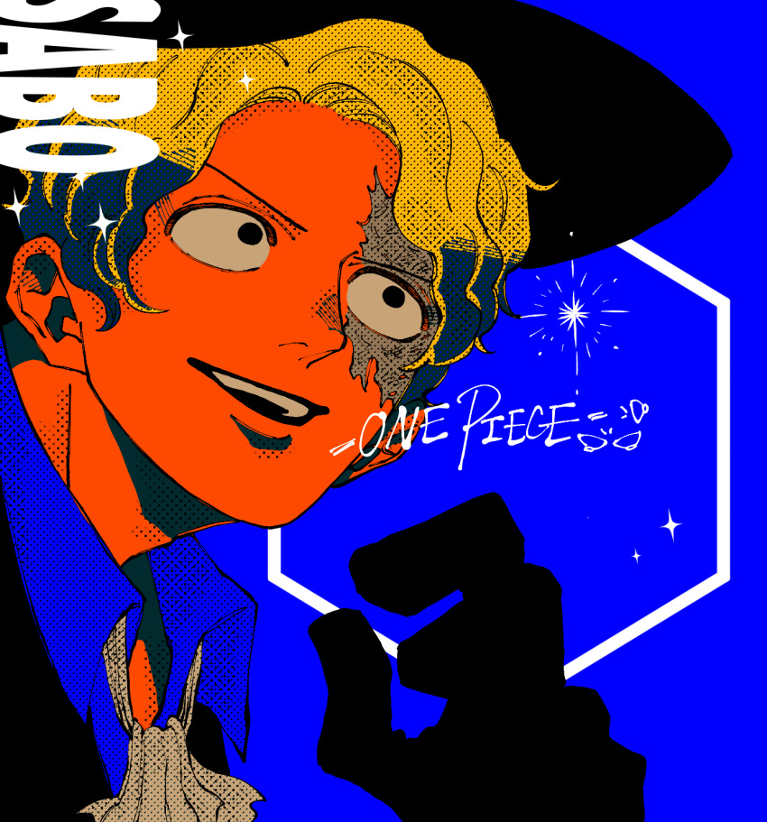 1boy ascot black_eyes black_gloves black_headwear blonde_hair character_name commentary_request gloves hat highres larugo0513 male_focus one_piece open_mouth sabo_(one_piece) scar scar_across_eye scar_on_face short_hair smile solo teeth white_ascot