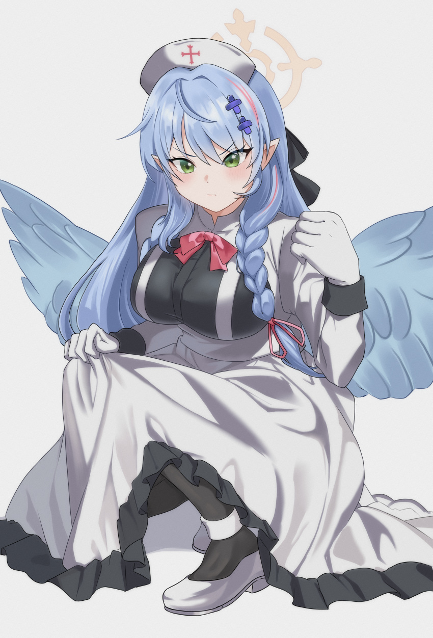 1girl absurdres black_pantyhose blue_archive blue_hair blue_wings blush braid breasts closed_mouth dress feathered_wings frilled_dress frills full_body gloves green_eyes halo hat highres large_breasts long_hair long_sleeves mine_(blue_archive) nurse_cap pangtanto pantyhose pointy_ears shoes simple_background solo twin_braids white_background white_dress white_footwear white_gloves white_headwear wings yellow_halo