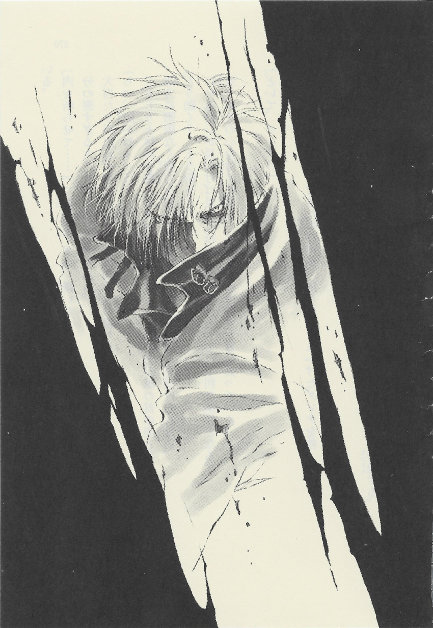 1boy absurdres angry dante_(devil_may_cry) devil_may_cry_(series) devil_may_cry_2_(novel) eyes_visible_through_hair frown highres kosumi_yuuchi looking_at_viewer monochrome non-web_source official_art popped_collar scan short_hair slashing solo