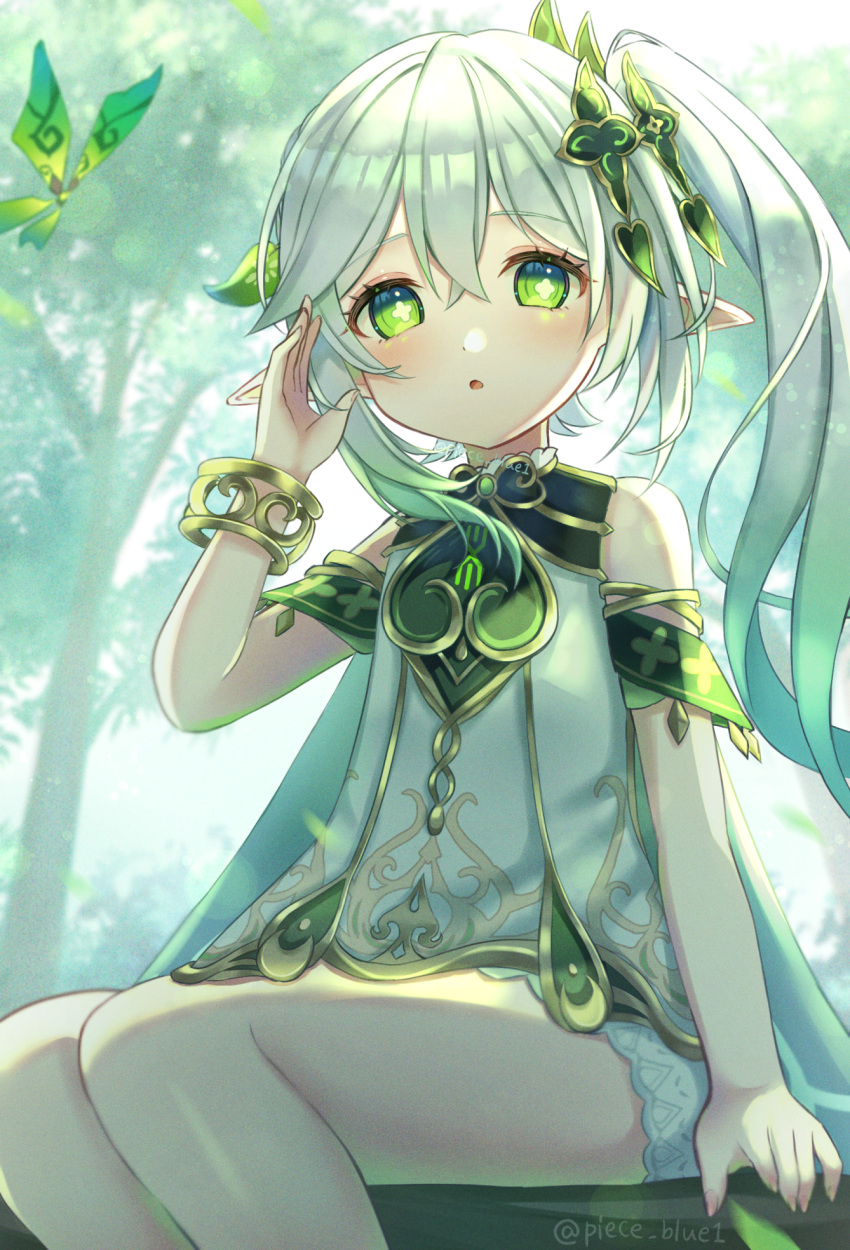 1girl :o ai_(sigatutoukaa) bare_shoulders bracelet cross-shaped_pupils crystalfly_(genshin_impact) detached_sleeves dress genshin_impact gradient_hair green_eyes hair_ornament highres jewelry leaf_hair_ornament multicolored_hair nahida_(genshin_impact) pointy_ears side_ponytail sitting sleeveless sleeveless_dress solo symbol-shaped_pupils white_dress white_hair