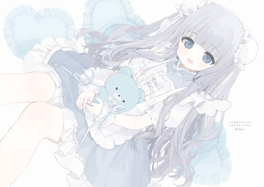 1girl 33bun3 :d absurdres angel_wings apron blue_dress blue_eyes blue_theme bow bowtie bun_cover commission dot_nose dress dutch_angle feet_out_of_frame frilled_apron frilled_dress frilled_pillow frills grey_hair heart heart_pillow highres holding holding_stuffed_toy long_hair looking_at_viewer original pastel_colors pillow sitting skeb_commission smile solo stuffed_animal stuffed_toy teddy_bear thank_you twitter_username white_apron white_wrist_cuffs wings