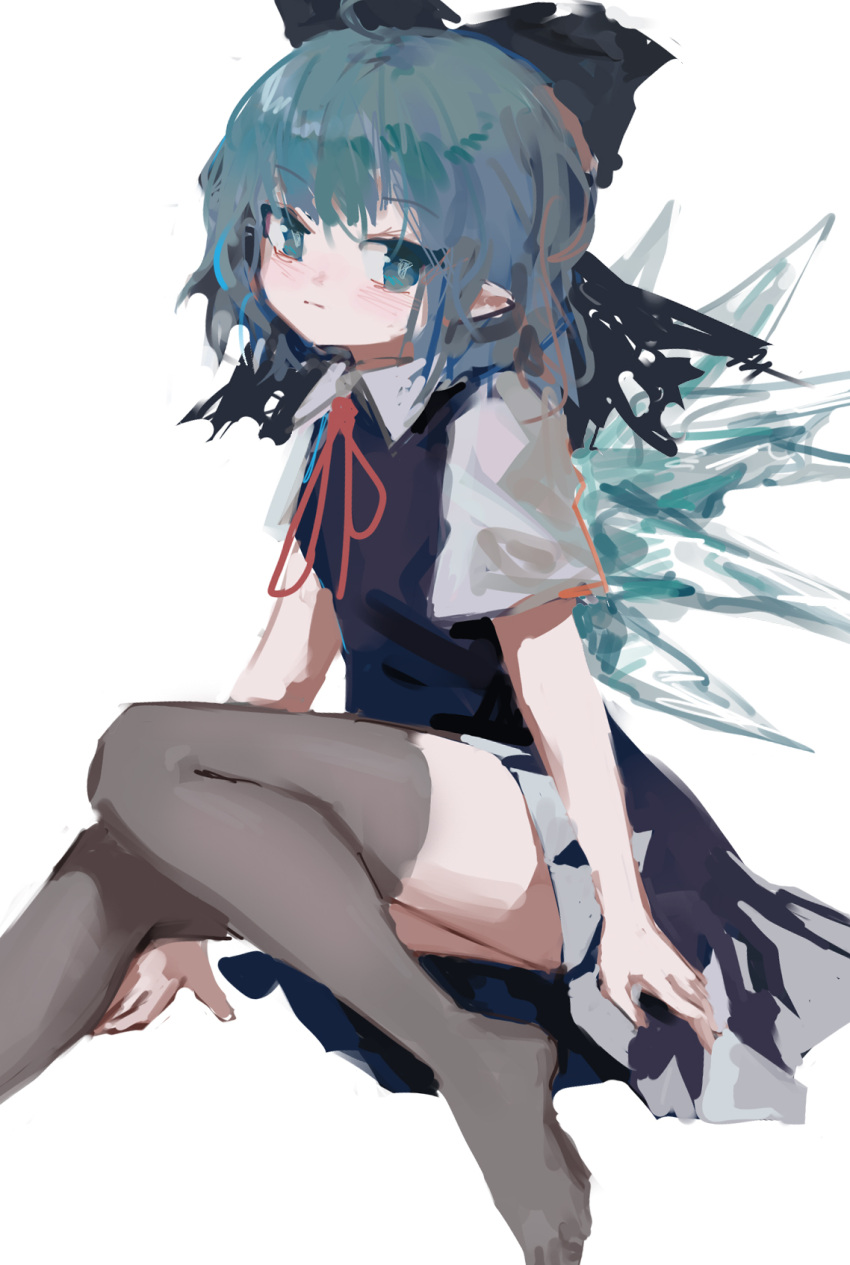 1girl blue_bow blue_dress blue_eyes blue_hair bow cirno collared_shirt dress foot_out_of_frame grey_thighhighs hair_bow highres ice ice_wings knees_together_feet_apart looking_at_viewer medium_hair neck_ribbon no_shoes pinafore_dress pointy_ears red_ribbon reddizen ribbon shirt short_sleeves simple_background sleeveless sleeveless_dress solo thigh-highs touhou white_background white_shirt wings