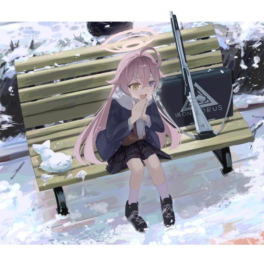 1girl :d absurdres ahoge bench black_footwear black_skirt blue_archive blue_eyes blush breath character_snowman commentary crossed_bangs day dolphin from_above full_body gun hair_between_eyes halo hands_up heterochromia highres hoshino_(blue_archive) kneehighs kosh long_hair miniskirt open_mouth outdoors own_hands_clasped own_hands_together park_bench pink_hair pink_halo plaid plaid_skirt rifle scarf shoes sitting_on_bench skirt smile sneakers snow socks solo very_long_hair visible_air weapon white_scarf white_socks winter winter_clothes yellow_eyes