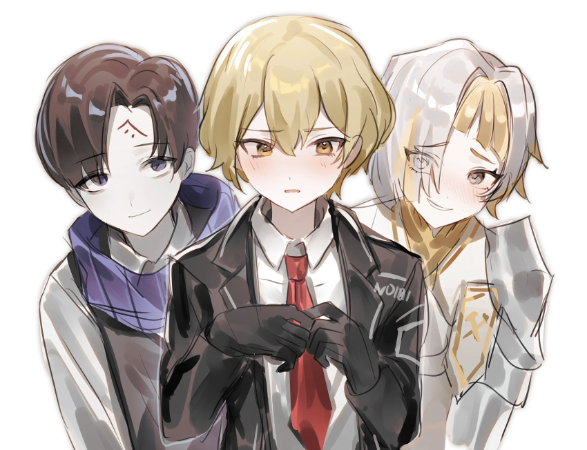 1girl 2boys black_gloves blonde_hair blue_eyes blue_scarf bonno_sasu brown_hair closed_mouth collared_shirt demian_(project_moon) facial_mark forehead_mark gloves grin highres kromer_(project_moon) limbus_company long_sleeves looking_at_viewer multicolored_hair multiple_boys necktie open_mouth project_moon red_necktie scarf shirt simple_background sinclair_(project_moon) smile streaked_hair upper_body white_background white_eyes white_hair white_shirt