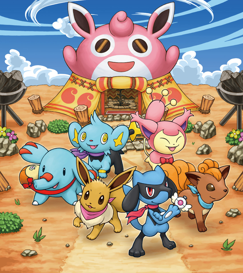 absurdres badge bag blue_sky bow bowtie clouds coal eevee flower highres ladder no_humans official_art phanpy plant pokemon pokemon_(creature) pokemon_mystery_dungeon pokemon_mystery_dungeon:_explorers_of_time/darkness/sky promotional_art riolu scarf shinx skitty sky tent vulpix wigglytuff