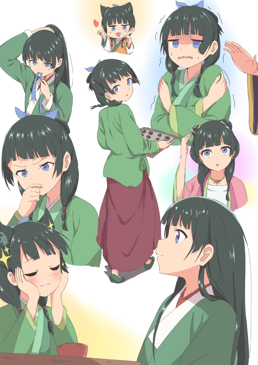 1girl :3 animal_ears blue_eyes blue_ribbon blunt_bangs cat_ears closed_eyes closed_mouth cold commentary_request crossed_arms double_bun full_body green_hair green_kimono hair_bun hair_down hair_ribbon hairdressing hands_on_own_cheeks hands_on_own_face happy highres holding holding_tray japanese_clothes kaai_yuu kimono kusuriya_no_hitorigoto long_hair long_sleeves looking_afar looking_at_viewer looking_back looking_down low_twintails maomao_(kusuriya_no_hitorigoto) mouth_hold multiple_views official_alternate_costume official_alternate_hairstyle paw_pose pink_kimono ponytail profile red_skirt ribbon ribbon_in_mouth shaded_face simple_background skirt smile solo sparkle standing straight_hair thinking tray trembling twintails upper_body upturned_eyes v-shaped_eyebrows white_background wide_sleeves