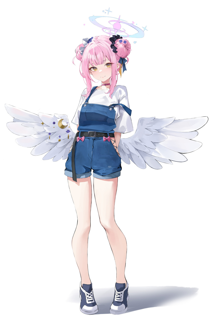 1girl absurdres alternate_costume arms_behind_back bare_legs belt_buckle black_footwear blue_archive blue_overalls blush buckle double_bun feathered_wings full_body hair_bun halo highres hip_vent leviathan_(hikinito0902) looking_at_viewer mika_(blue_archive) overall_shorts overalls pink_hair shirt short_sleeves sidelocks simple_background smile solo white_background white_shirt white_wings wings