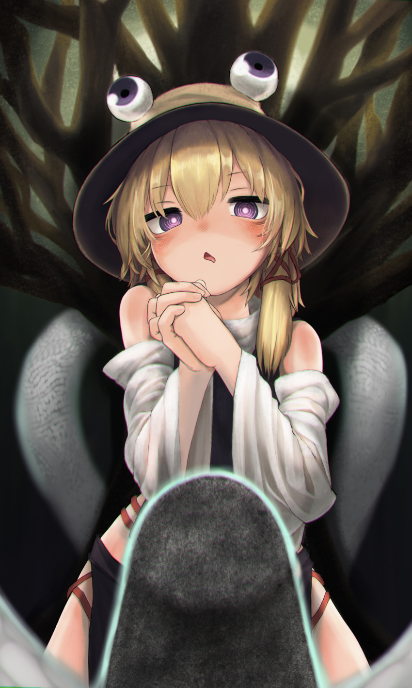 1girl absurdres bare_shoulders blonde_hair blush bright_pupils brown_headwear commentary_request highres looking_at_viewer mishaguji moriya_suwako neritch open_mouth own_hands_together ringed_eyes sidelocks skirt solo touhou violet_eyes white_pupils