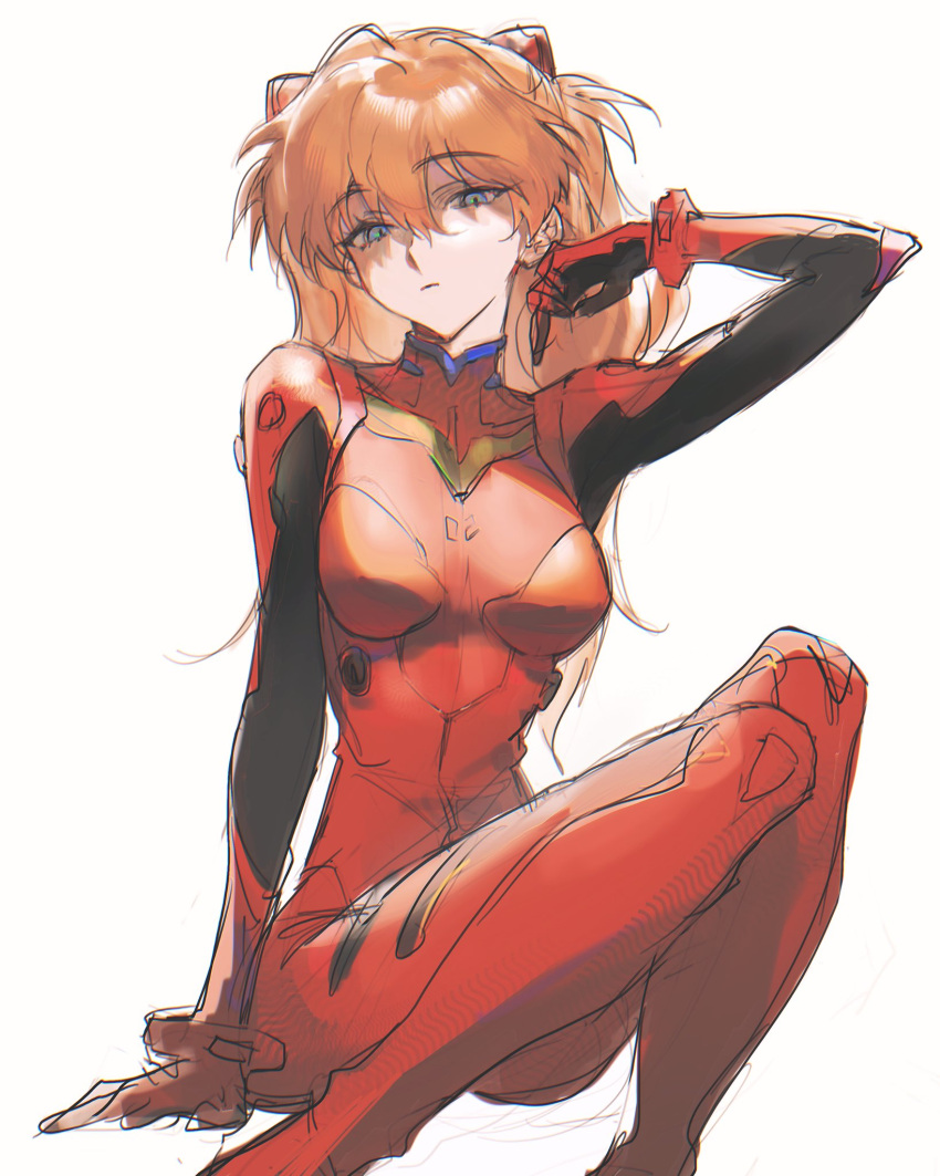 adjusting_hair arms_at_sides blue_eyes bodysuit breasts closed_mouth commentary hair_between_eyes hand_on_ground hand_up highres interface_headset knees_up large_breasts lecl_(recieru) light_frown long_hair looking_at_viewer narrowed_eyes neon_genesis_evangelion on_ground pilot_suit plugsuit red_bodysuit redhead shaded_face sitting sketch skin_tight souryuu_asuka_langley white_background