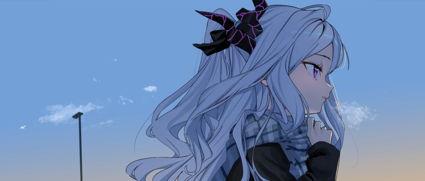 1girl blue_archive blue_sky breath day from_side hina_(blue_archive) horns jacket long_hair long_sleeves luicent open_mouth outdoors pole scarf sky solo striped striped_scarf upper_body violet_eyes white_hair white_scarf