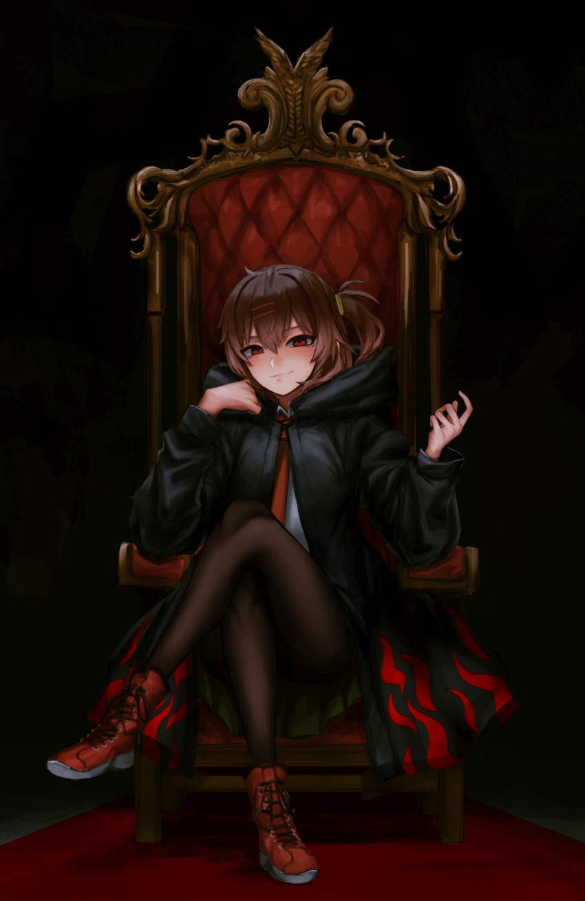 1girl black_coat black_pantyhose boots brown_hair chair closed_mouth coat crossed_arms crossed_legs highres hood hood_down hooded_coat long_sleeves looking_at_viewer necktie one_side_up original pantyhose red_eyes red_footwear red_necktie shirt shoes simple_background sitting solo toxic_ghost white_shirt